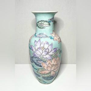 WBI Vintage Porcelain Vase Mint Green Embossed Peach Lavender Water Lilies China